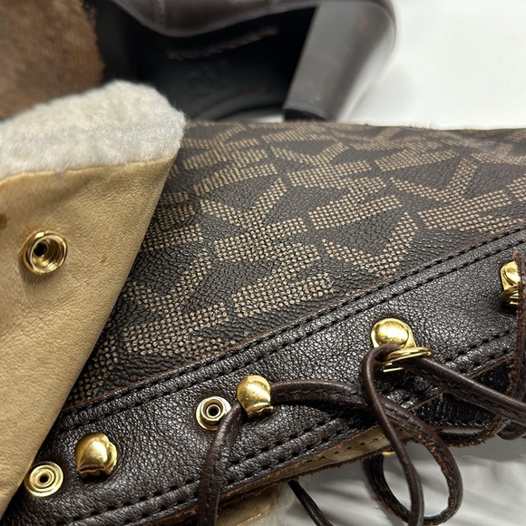 Michael Kors Warrior Lace Up High Heels Leather Tall Boots Sherpa Brown Size 6.5 - Picture 9 of 12